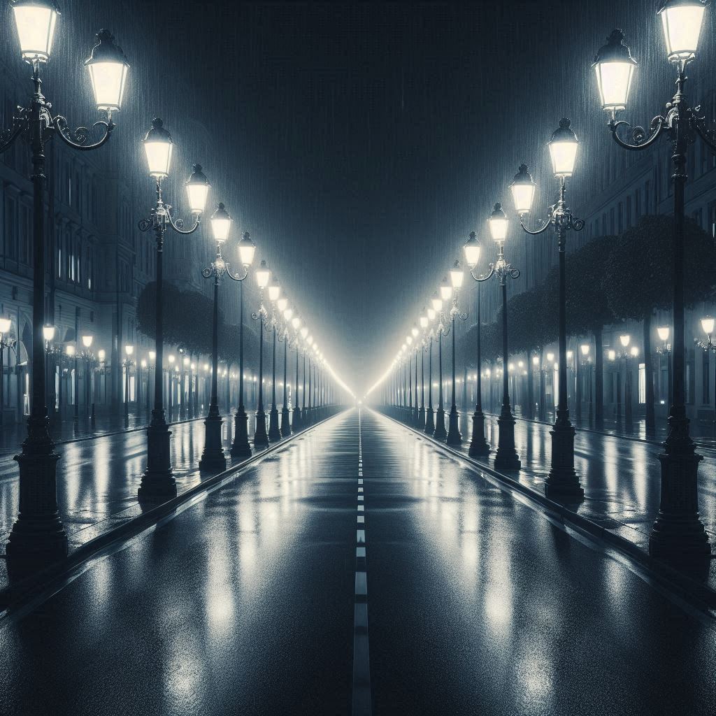 rua sem fim misteriosa com luzes dos postes semi apagadas em uma noite chuvosa