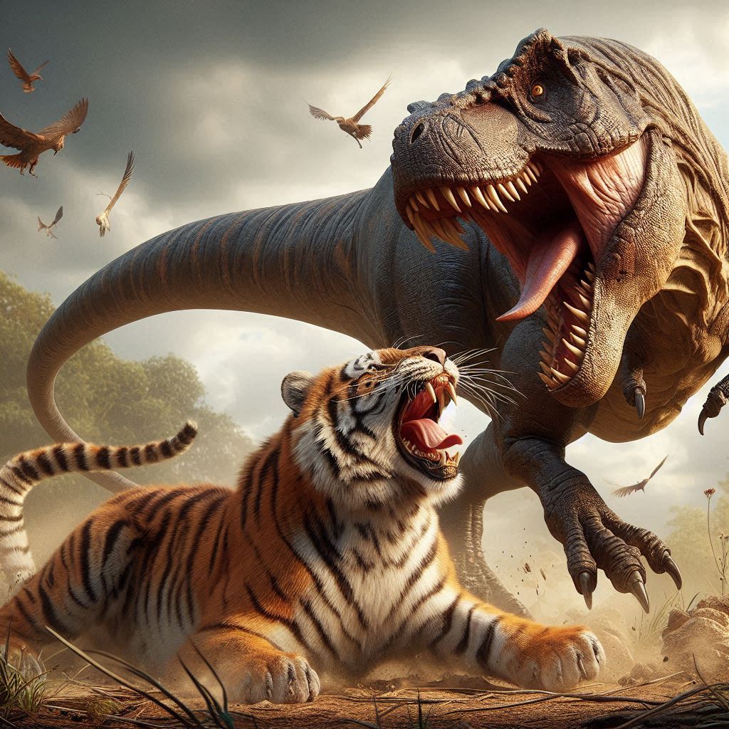 tiranossauro rex realista caçando um tigre dente de sabre
