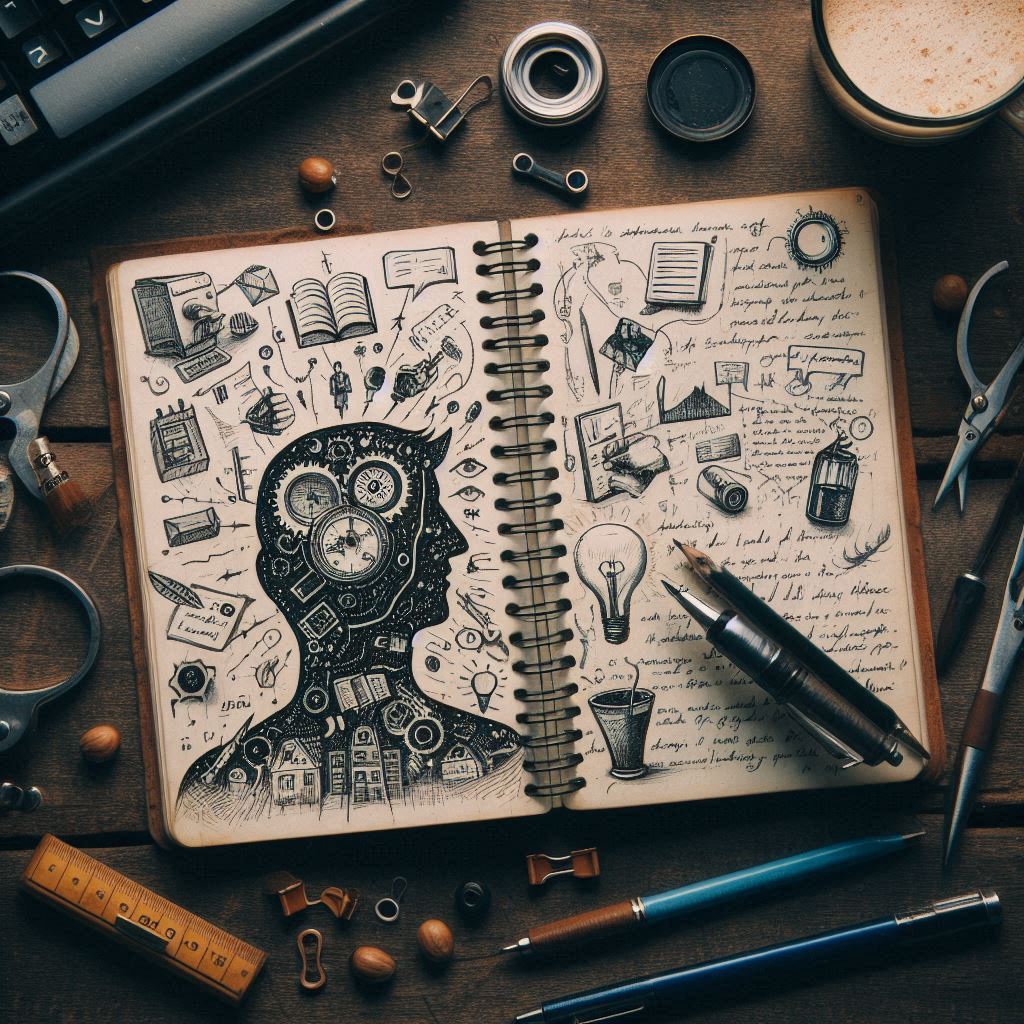 Um caderno com anotações em sua própria letra, mas que parecia ter sido escrito por outra pessoa.