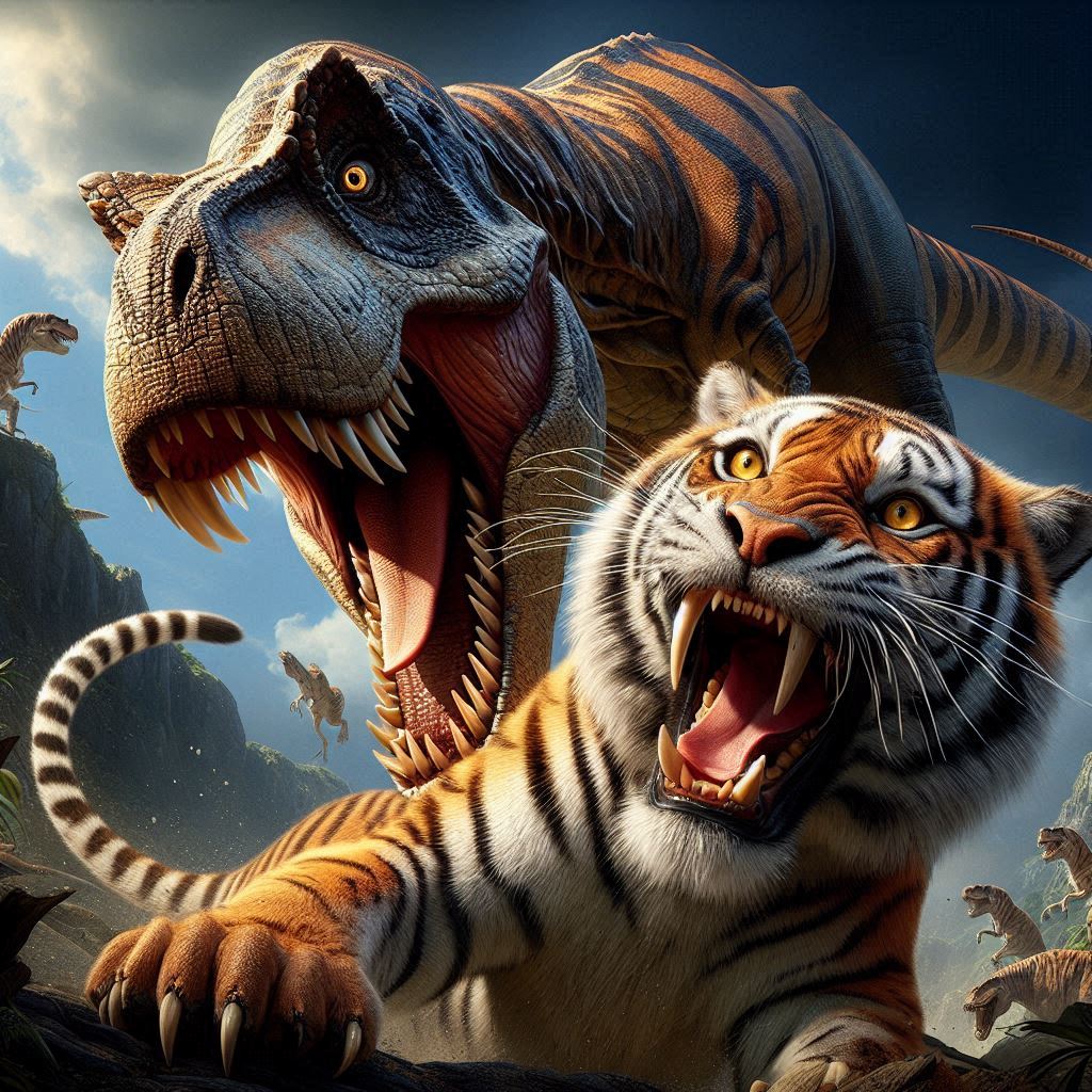 tiranossauro rex realista caçando um tigre dente de sabre