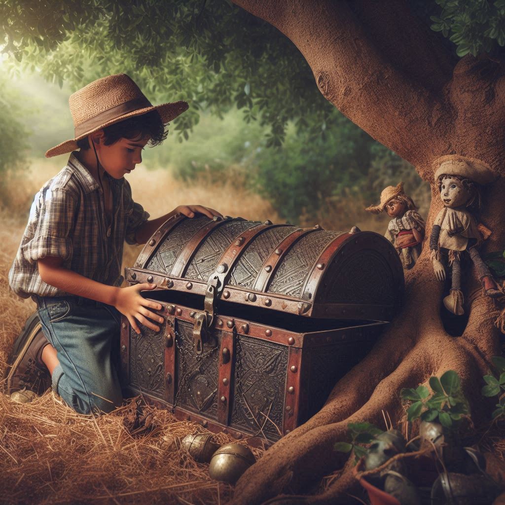 um menino encontrando um bau antigo semi enterrado debaixo de uma arvore